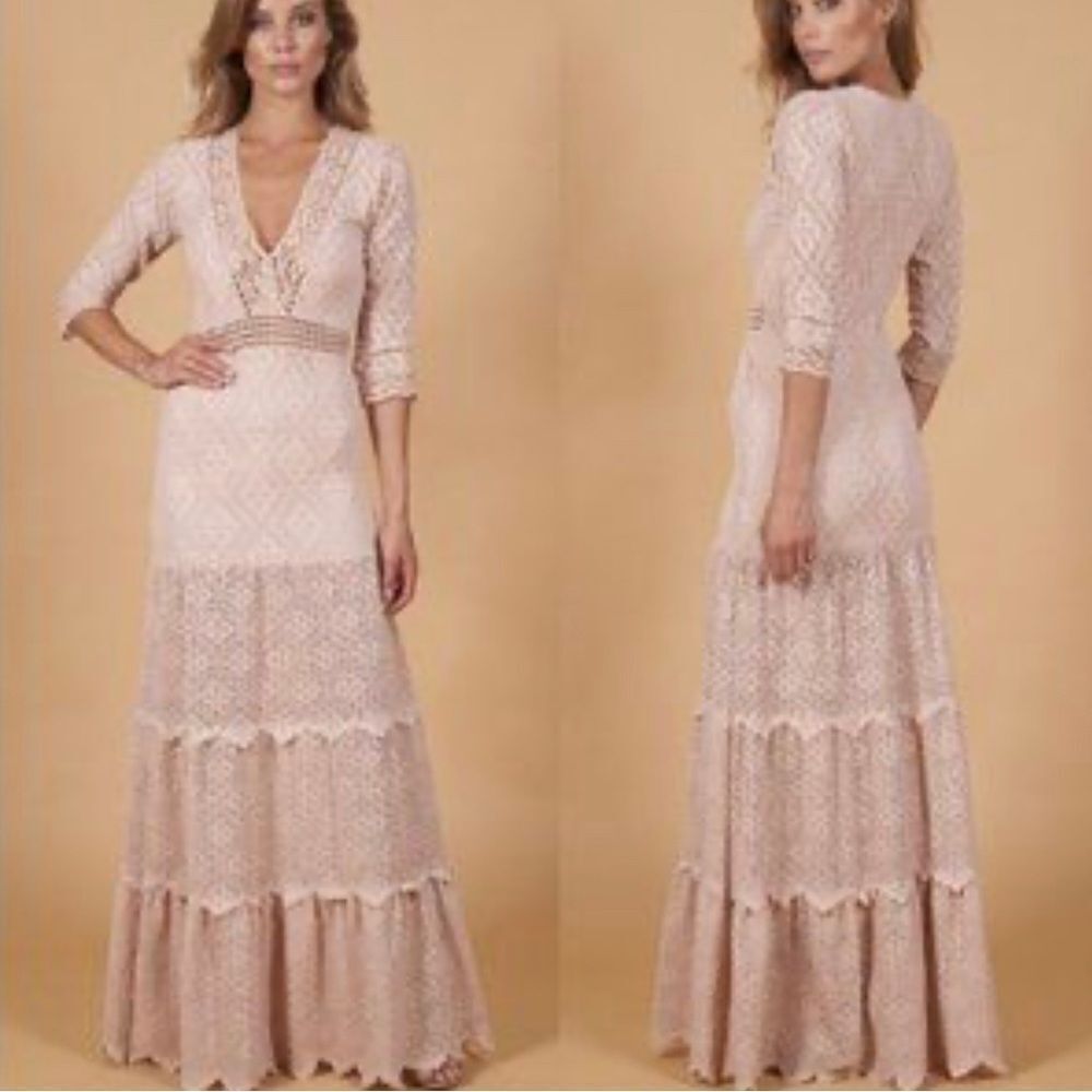 Nightcap Maxi Dress XS crochet tan